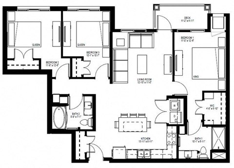 Floor plan for 3 beds, 2 baths, 1155 sqft